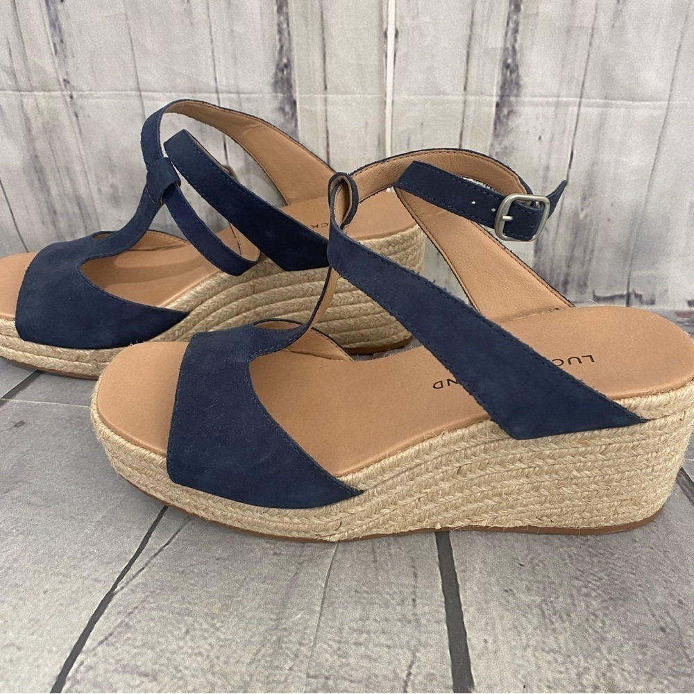 Lucky Brand Size 8.5 M Blue Suede Ankle Strap Espadrille Wedge Sandals Jute NEW - Picture 7 of 10